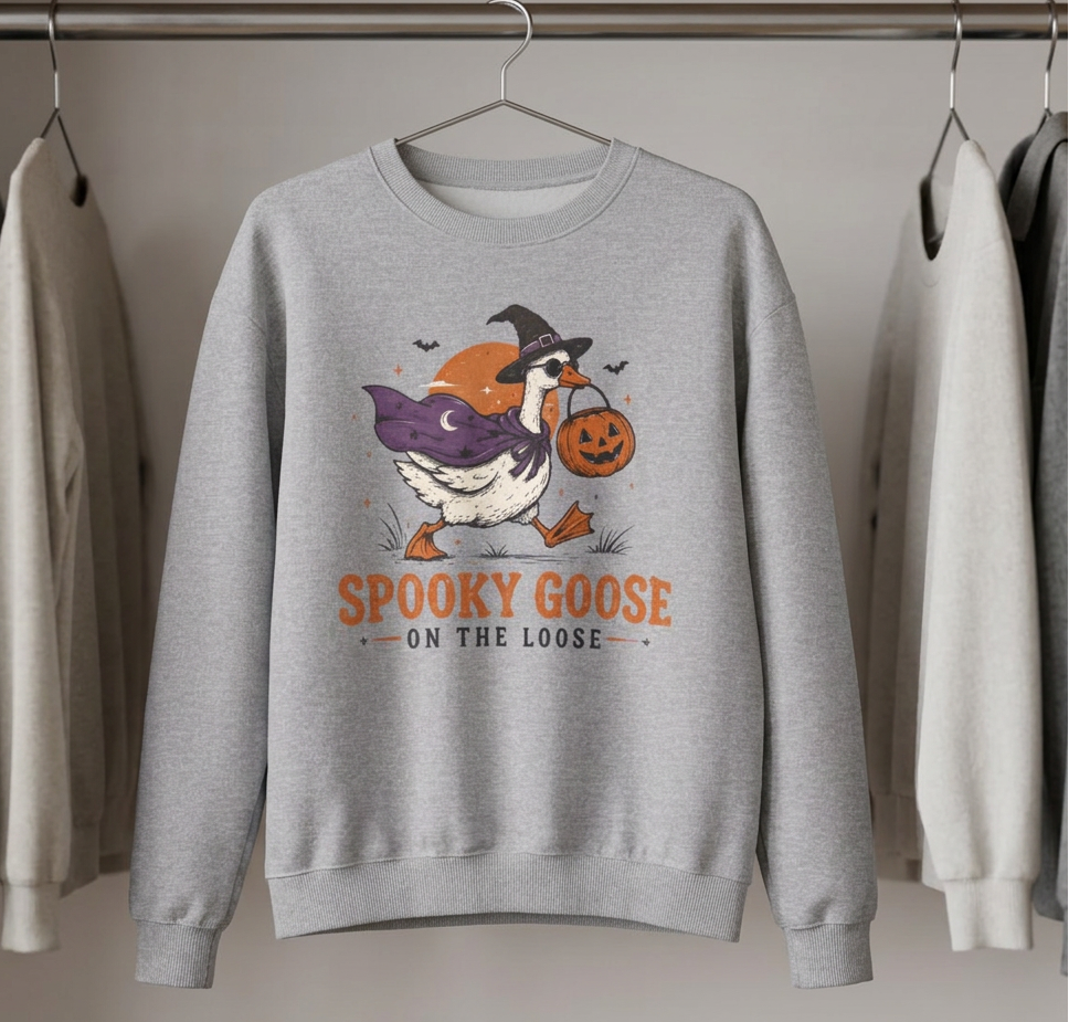 A light gray crewneck sweatshirt hanging on a metal rack, featuring a cartoon graphic of a goose dressed as a witch holding a pumpkin, with the text 'SPOOKY GOOSE ON THE LOOSE' printed below.