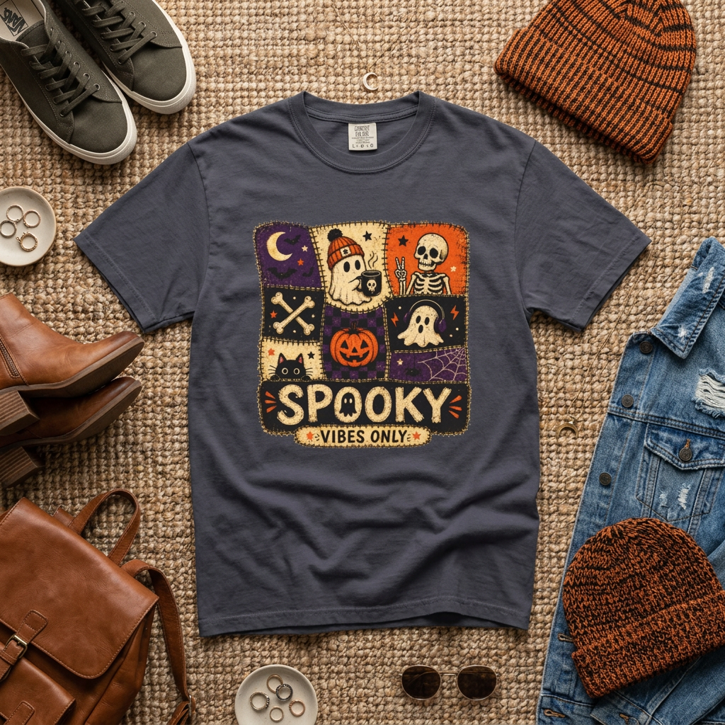 A dark slate blue-gray t-shirt with a colorful 'Spooky Vibes Only' Halloween graphic, styled in a flat lay with jeans, boots, a beanie, sunglasses, and a leather bag on a woven jute rug.