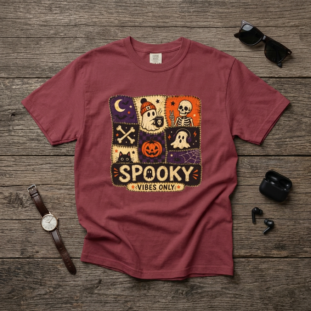 A maroon short-sleeve t-shirt with a colorful 'Spooky Vibes Only' Halloween graphic, laid flat on a rustic wooden background with sunglasses, a watch, and earbuds as props.