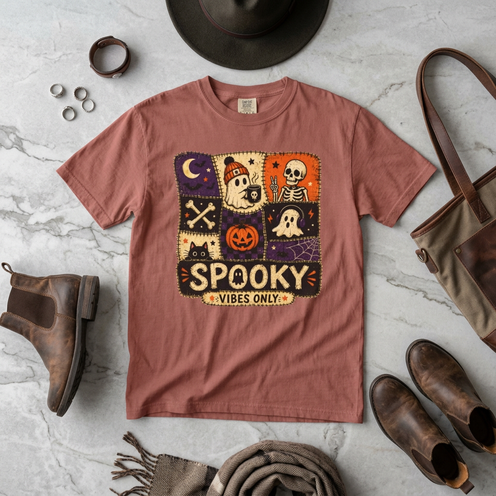 A dusty rose short-sleeve graphic t-shirt laid flat on a light gray marble surface, surrounded by autumn and Halloween styling props including brown leather boots, a hat, a scarf, rings, and a tote bag. The t-shirt features a square patchwork graphic with ghosts, a skeleton, a jack-o'-lantern, and the text 'SPOOKY VIBES ONLY.