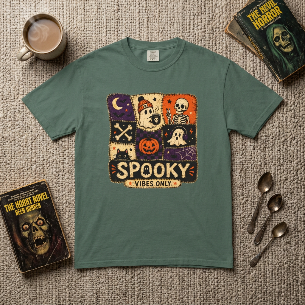 A sage green short-sleeve t-shirt with a colorful 'Spooky Vibes Only' Halloween graphic, presented in a flat-lay arrangement on a textured beige fabric background with themed props including books, a coffee mug, and spoons.