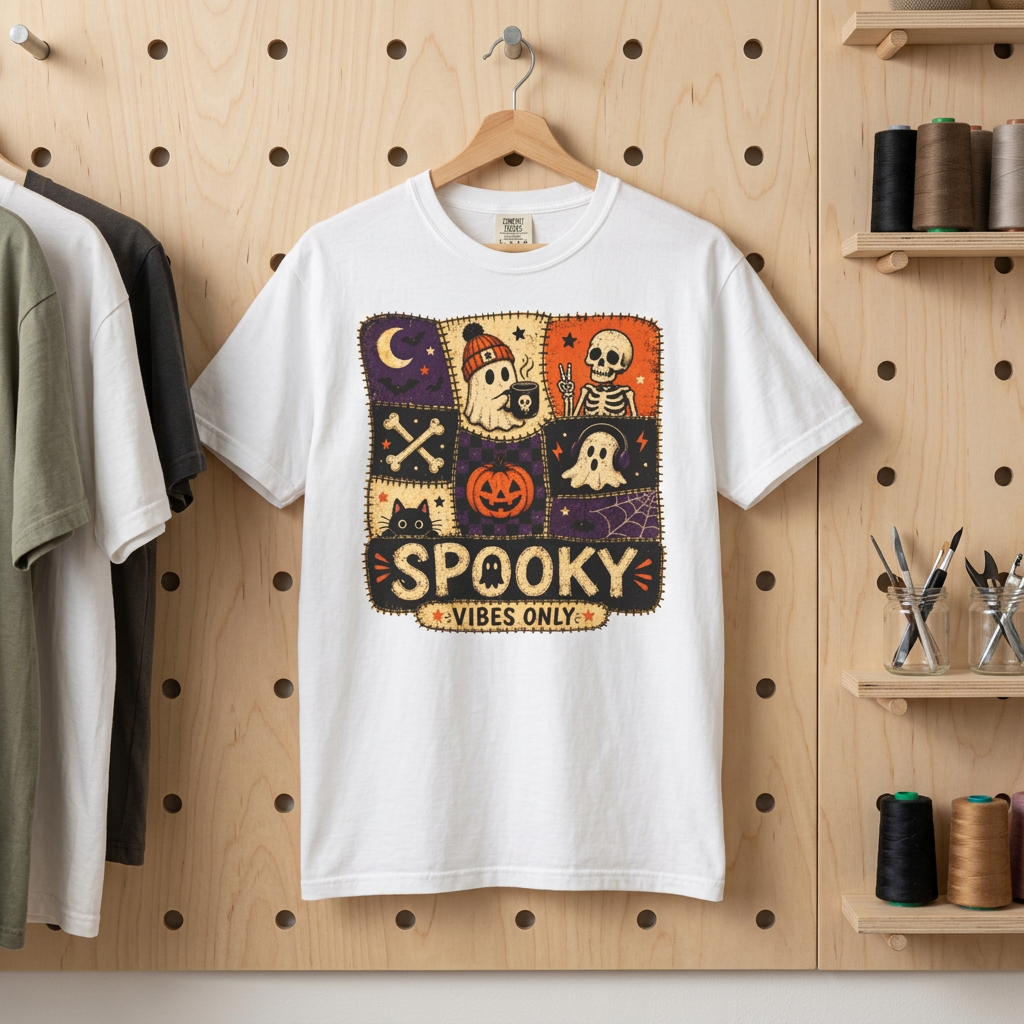 A white short-sleeve graphic T-shirt hanging on a wooden hanger against a light wood pegboard wall. The shirt features a square Halloween-themed patchwork graphic with ghosts, a skeleton, a jack-o'-lantern, a crescent moon, and the text 'SPOOKY VIBES ONLY.