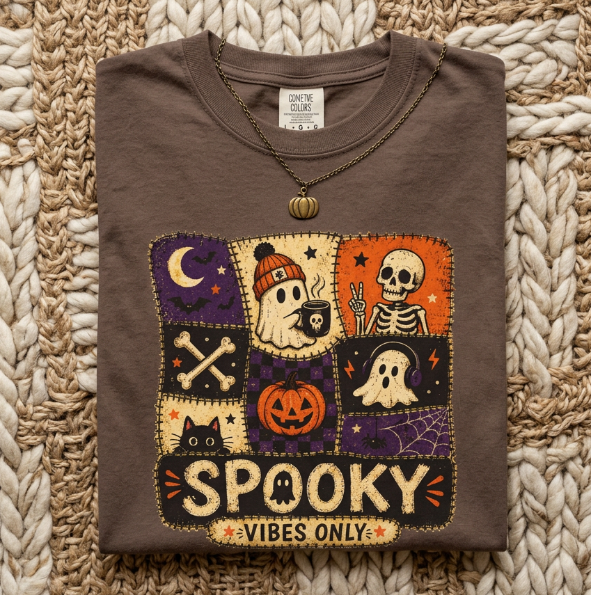 A folded brown t-shirt with a colorful 'Spooky Vibes Only' Halloween graphic, displayed on a textured beige and cream woven blanket. The graphic features a patchwork design with a ghost, skeleton, pumpkin, and moon in purple, orange, black, and beige.