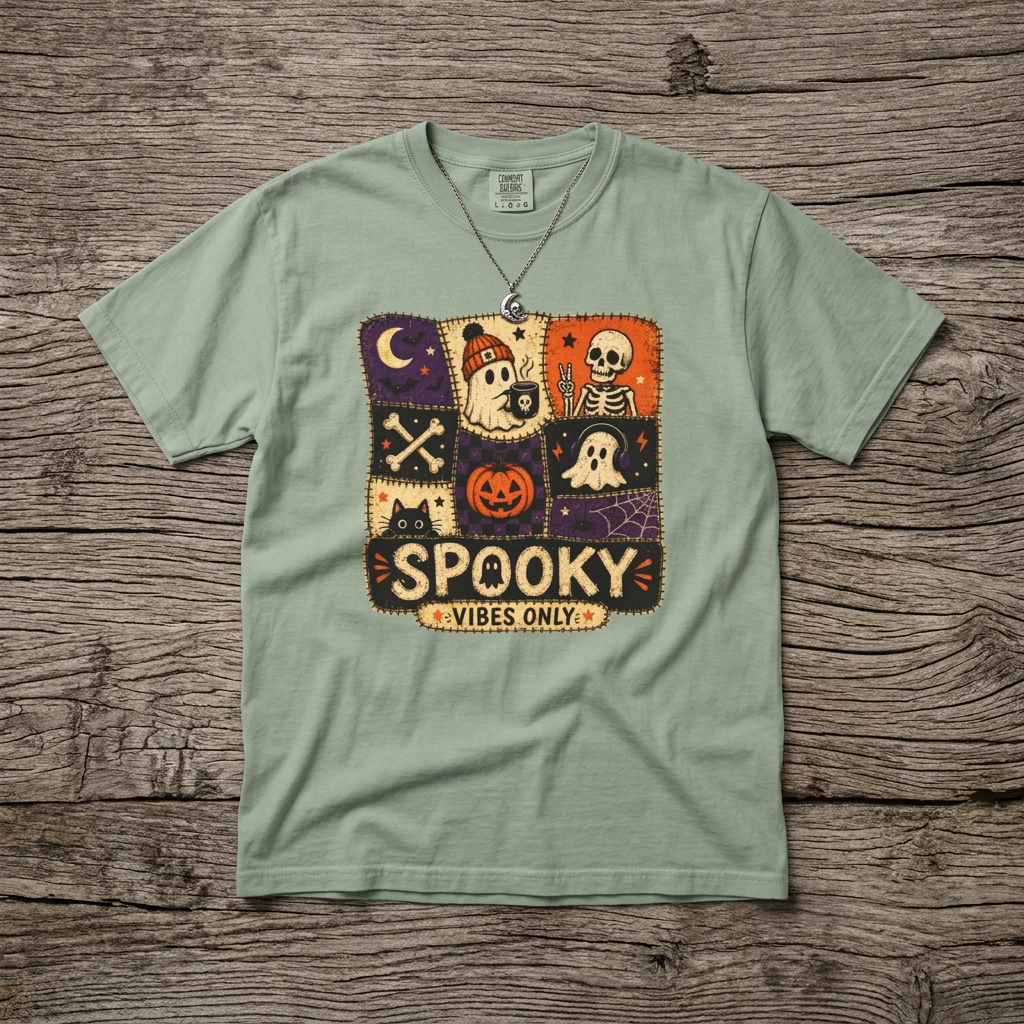 A sage green short-sleeve t-shirt with a colorful Halloween-themed graphic print on the chest, laid flat on a rustic wooden background. The graphic features a patchwork design with ghosts, a skeleton, a jack-o'-lantern, a crescent moon, and the text 'SPOOKY VIBES ONLY'.
