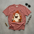Cozy Halloween Ghost Tee — Reading Ghost with Pumpkin & Books