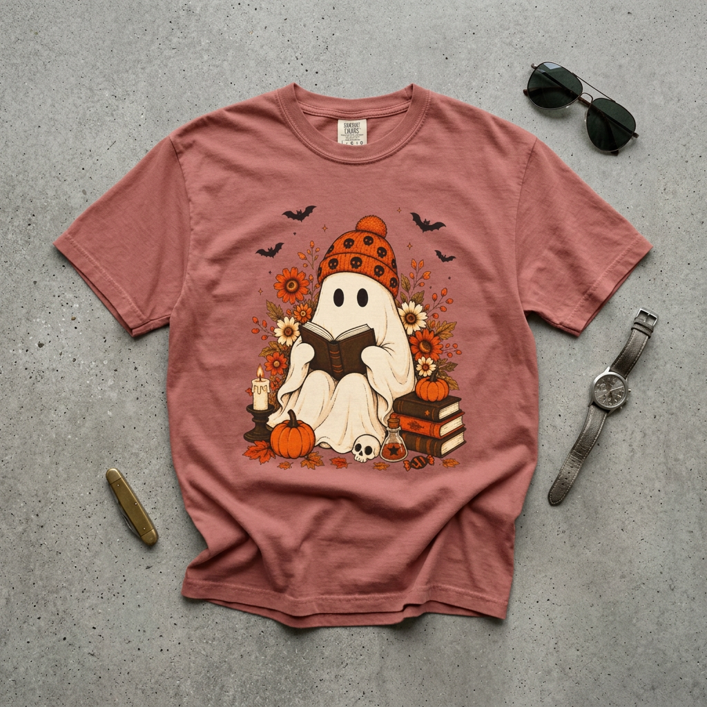 Cozy Halloween Ghost Tee — Reading Ghost with Pumpkin & Books