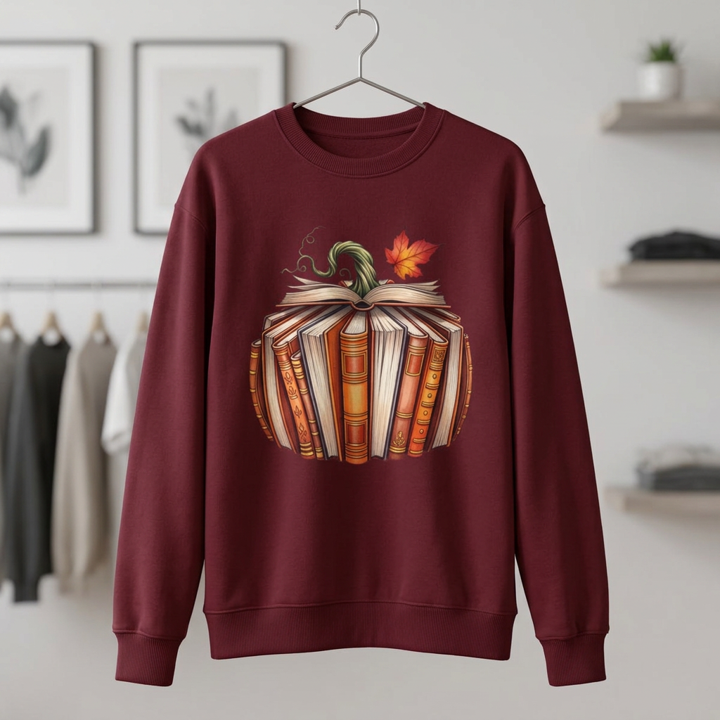 A maroon crewneck sweatshirt hanging on a metal hanger against a softly blurred indoor background. The sweatshirt features a graphic of a pumpkin made from stacked books with a small orange leaf on top.