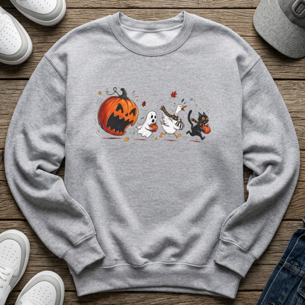 A heather gray crewneck sweatshirt with a Halloween graphic print, laid flat on a rustic wooden background with white sneakers, a gray baseball cap, and blue jeans as styling props.