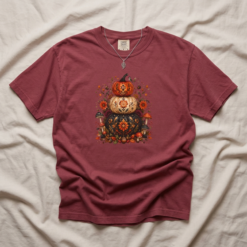 Halloween Stacked Pumpkins T-Shirt — Autumn Floral Boho Tee