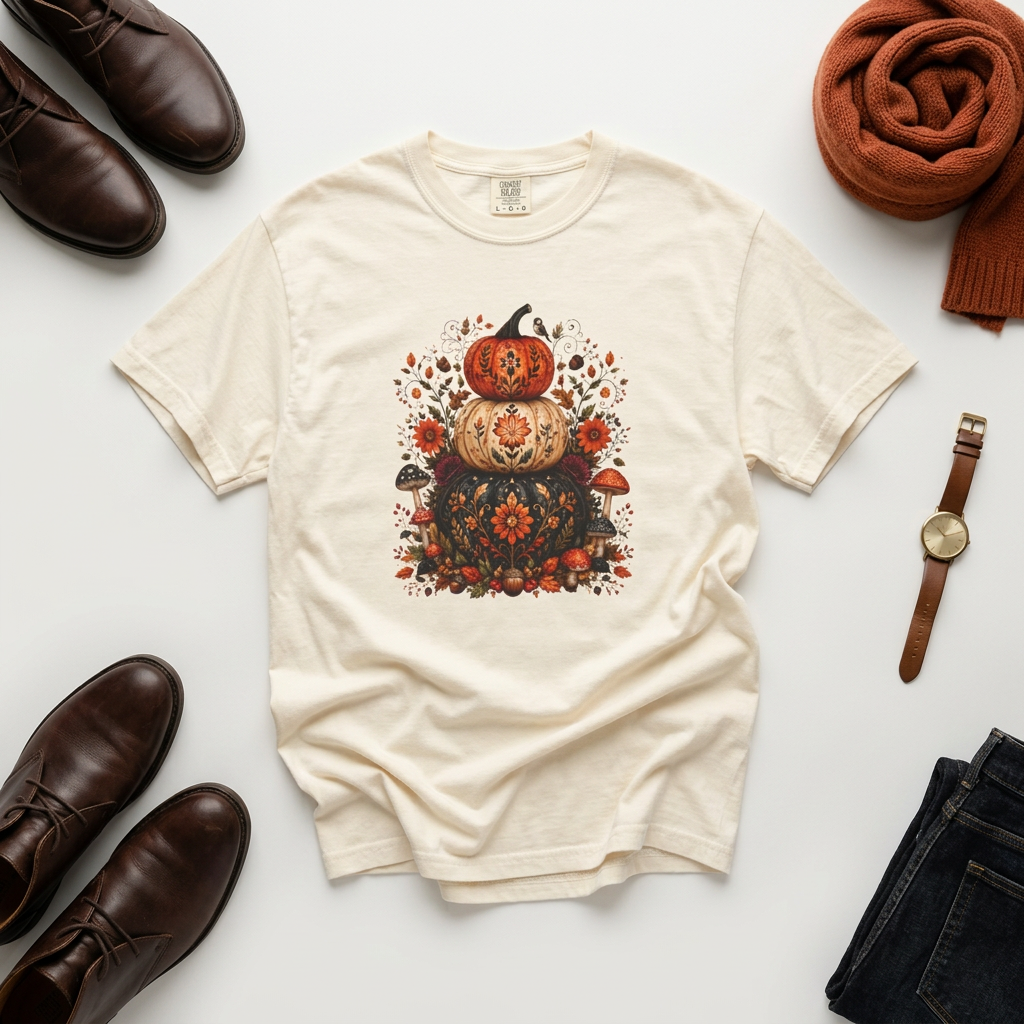 Halloween Stacked Pumpkins T-Shirt — Autumn Floral Boho Tee