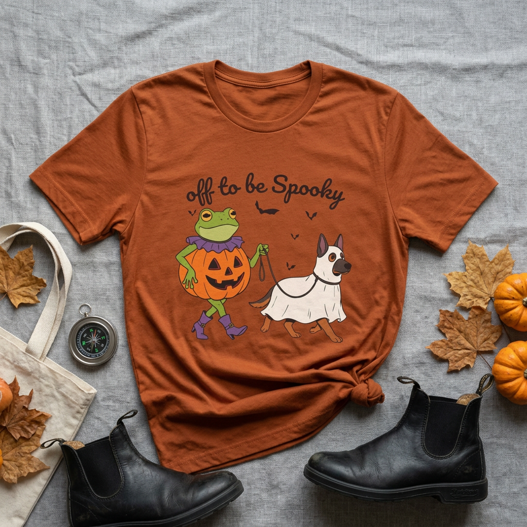 Off To Be Spooky Halloween Tee — Frog in Pumpkin & Ghost Dog Costume