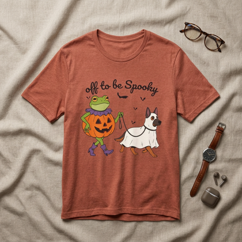 Off To Be Spooky Halloween Tee — Frog in Pumpkin & Ghost Dog Costume