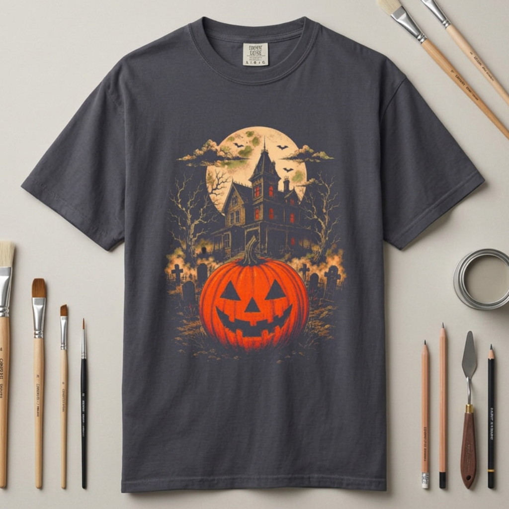 Halloween Haunted House T-Shirt — Pumpkin Jack-O’-Lantern Graveyard Tee