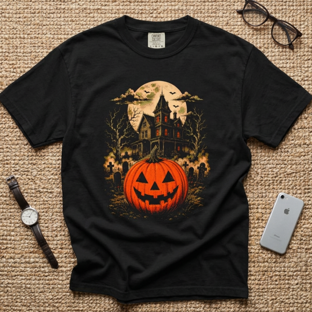 A black short-sleeve graphic T-shirt laid flat on a beige woven rug, featuring a Halloween scene with a glowing jack-o'-lantern, haunted house, bats, and full moon. A watch, eyeglasses, and smartphone are placed around it as styling props.