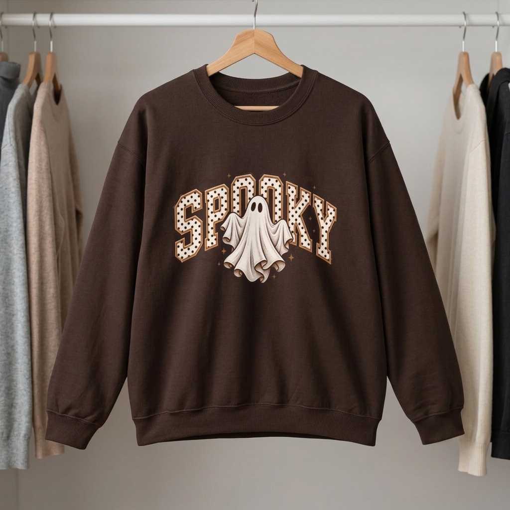 A dark chocolate crewneck sweatshirt featuring a 'Spooky' graphic on the chest with a white ghost and brown polka-dot details, displayed on a clean white background.