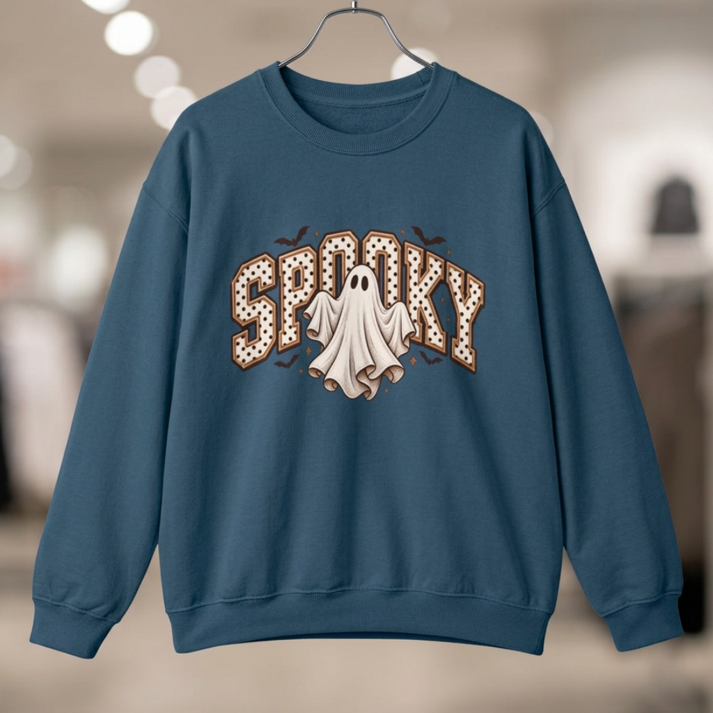 An indigo blue crewneck sweatshirt featuring a 'Spooky' graphic on the chest with a white ghost and brown polka-dot details, displayed on a clean white background.