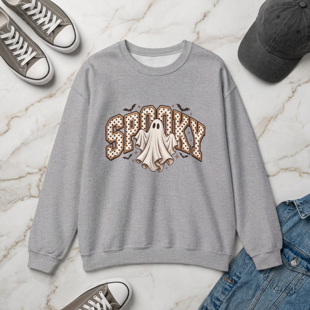 A gray crewneck sweatshirt featuring a 'Spooky' graphic on the chest with a white ghost and brown polka-dot details, displayed on a clean white background.
