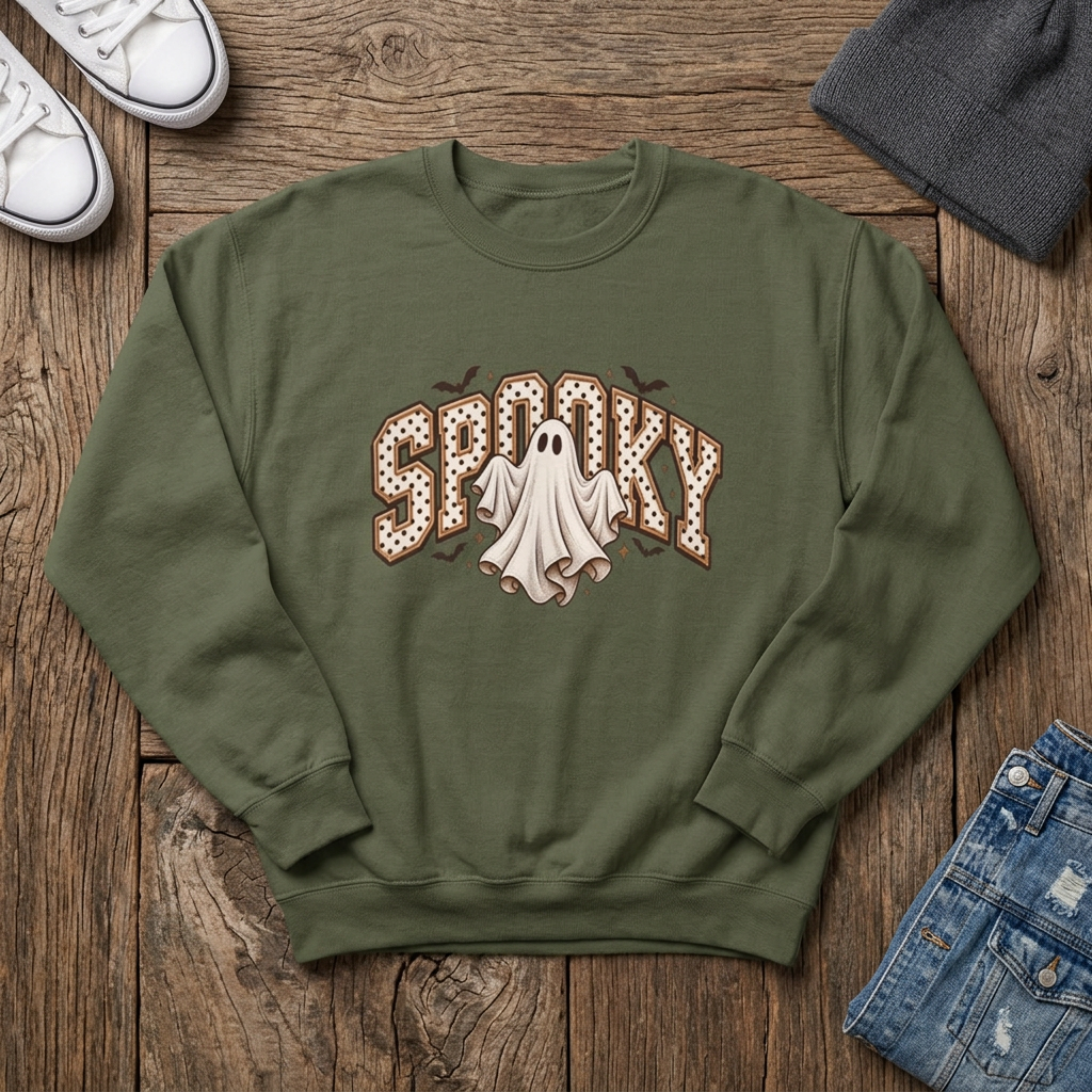 A milltary green crewneck sweatshirt featuring a 'Spooky' graphic on the chest with a white ghost and brown polka-dot details, displayed on a clean white background.