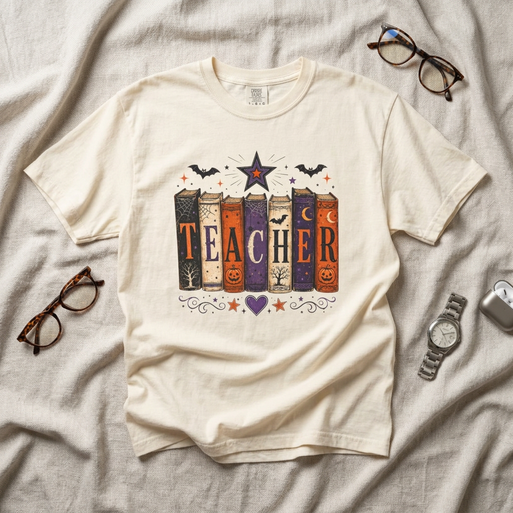 Halloween Teacher T-Shirt — Spooky Book Stack Teacher Design