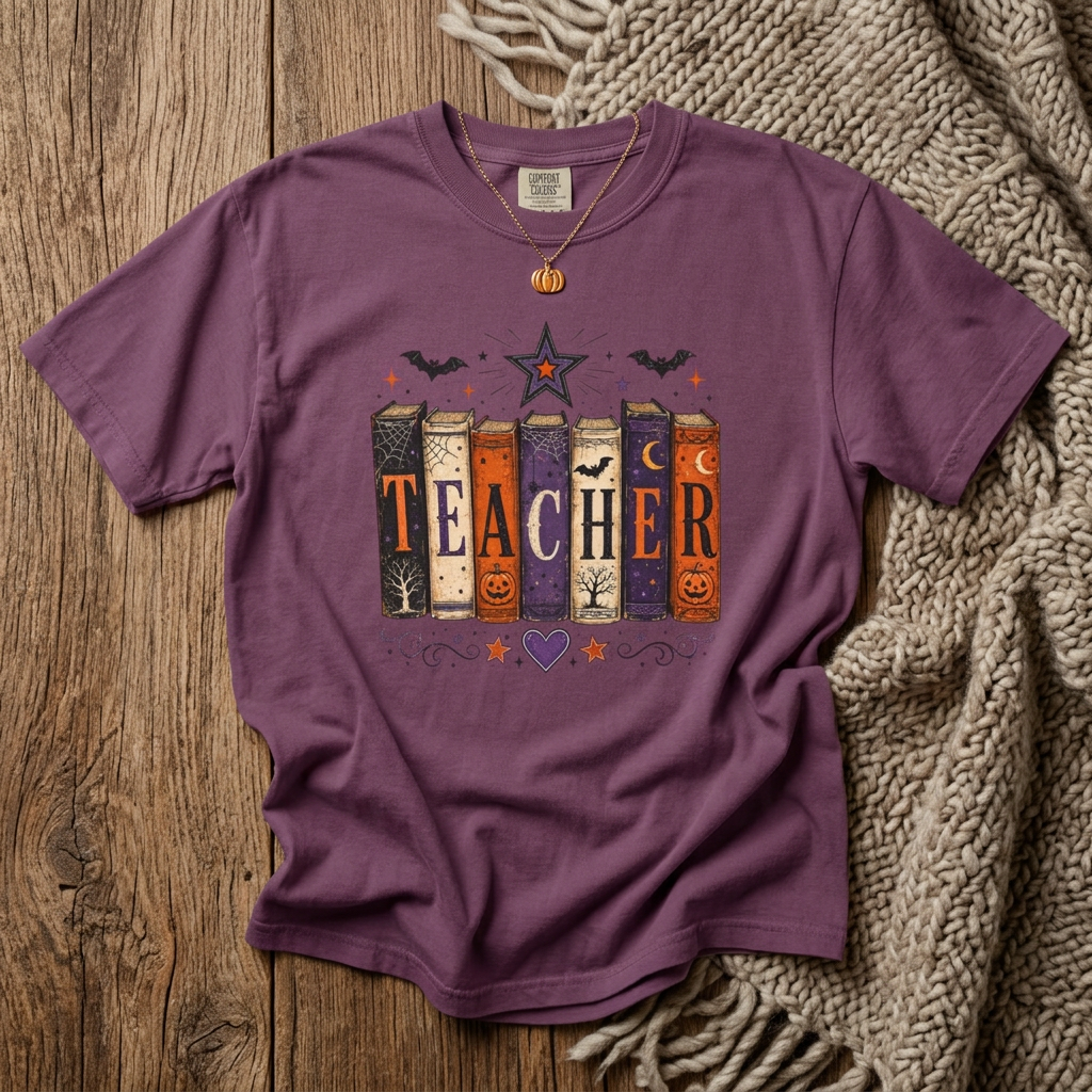 Halloween Teacher T-Shirt — Spooky Book Stack Teacher Design