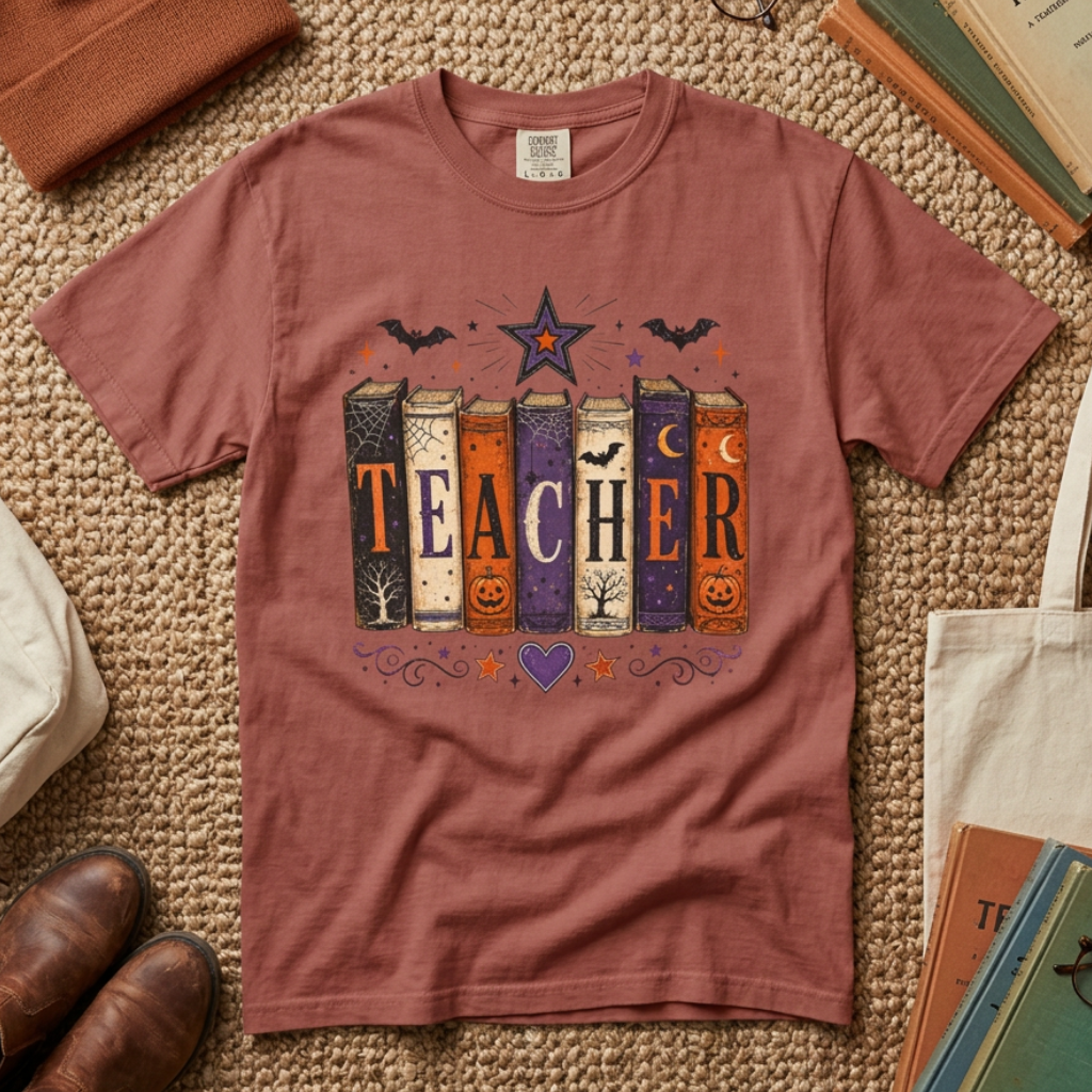 A dusty rose short-sleeve t-shirt with a Halloween-themed 'Teacher' graphic, styled in a flat lay on a textured beige rug with books, glasses, a beanie, shoes, and a tote bag.
