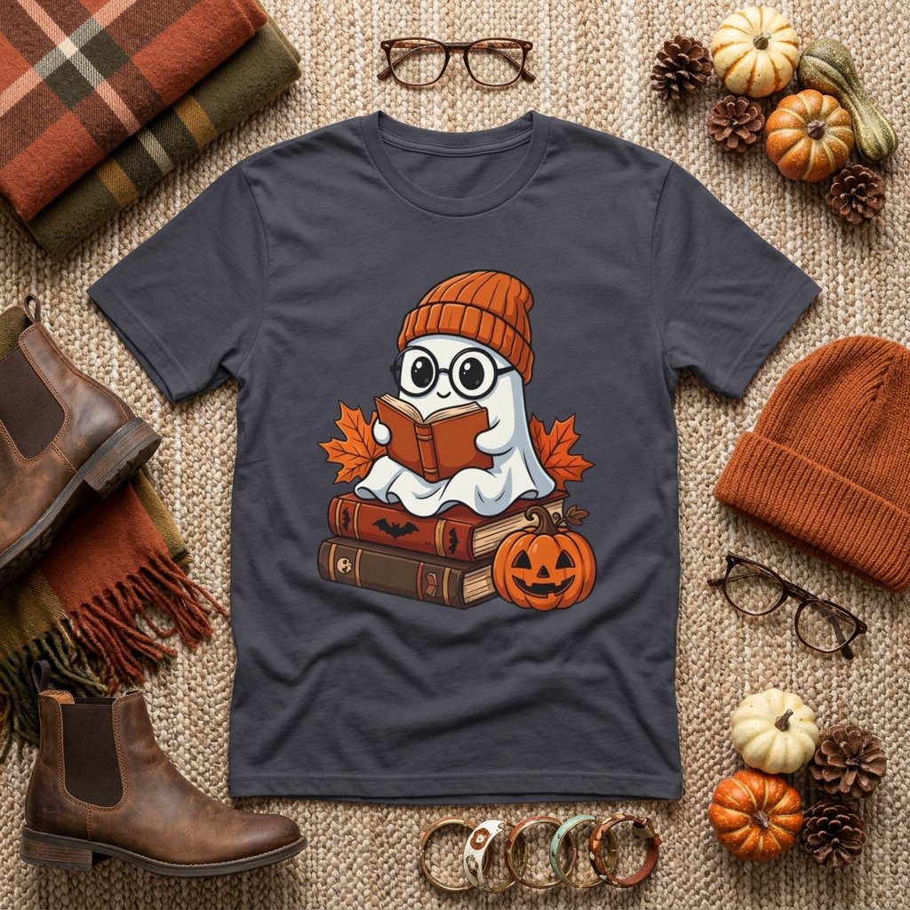 A navy graphic t-shirt featuring a cute cartoon ghost wearing an orange knit beanie and reading a book on a stack of books, surrounded by autumn props like pumpkins, pinecones, glasses, and boots on a textured beige background.