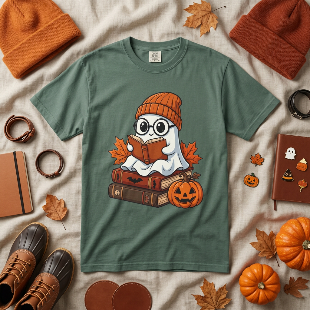 A sage green short-sleeve t-shirt with a cute graphic of a ghost reading a book, surrounded by autumn props including pumpkins, leaves, and cozy accessories, arranged in a flat lay.