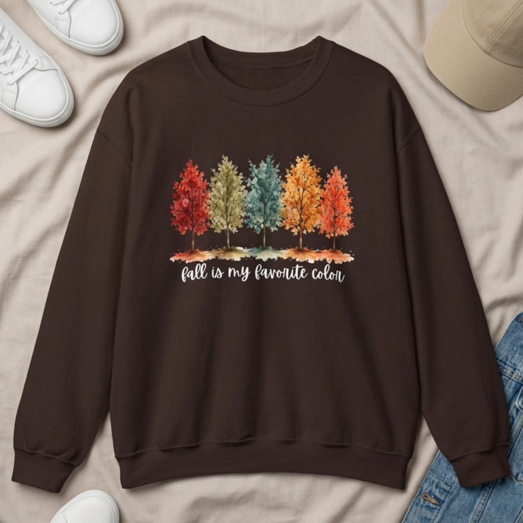 A dark brown crewneck sweatshirt laid flat on a beige fabric background, styled with white sneakers, a tan baseball cap, and blue jeans. The sweatshirt features a graphic of colorful autumn trees with the text 'fall is my favorite color' printed below.