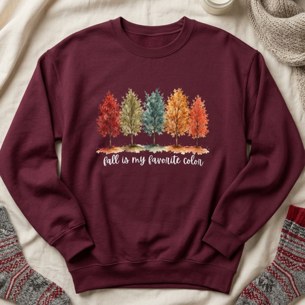 A maroon crewneck sweatshirt laid flat on a beige fabric background, featuring a colorful watercolor autumn tree graphic with the text 'fall is my favorite color'. The sweatshirt is styled with a knit scarf, a candle, and a pair of gray and red patterned socks.