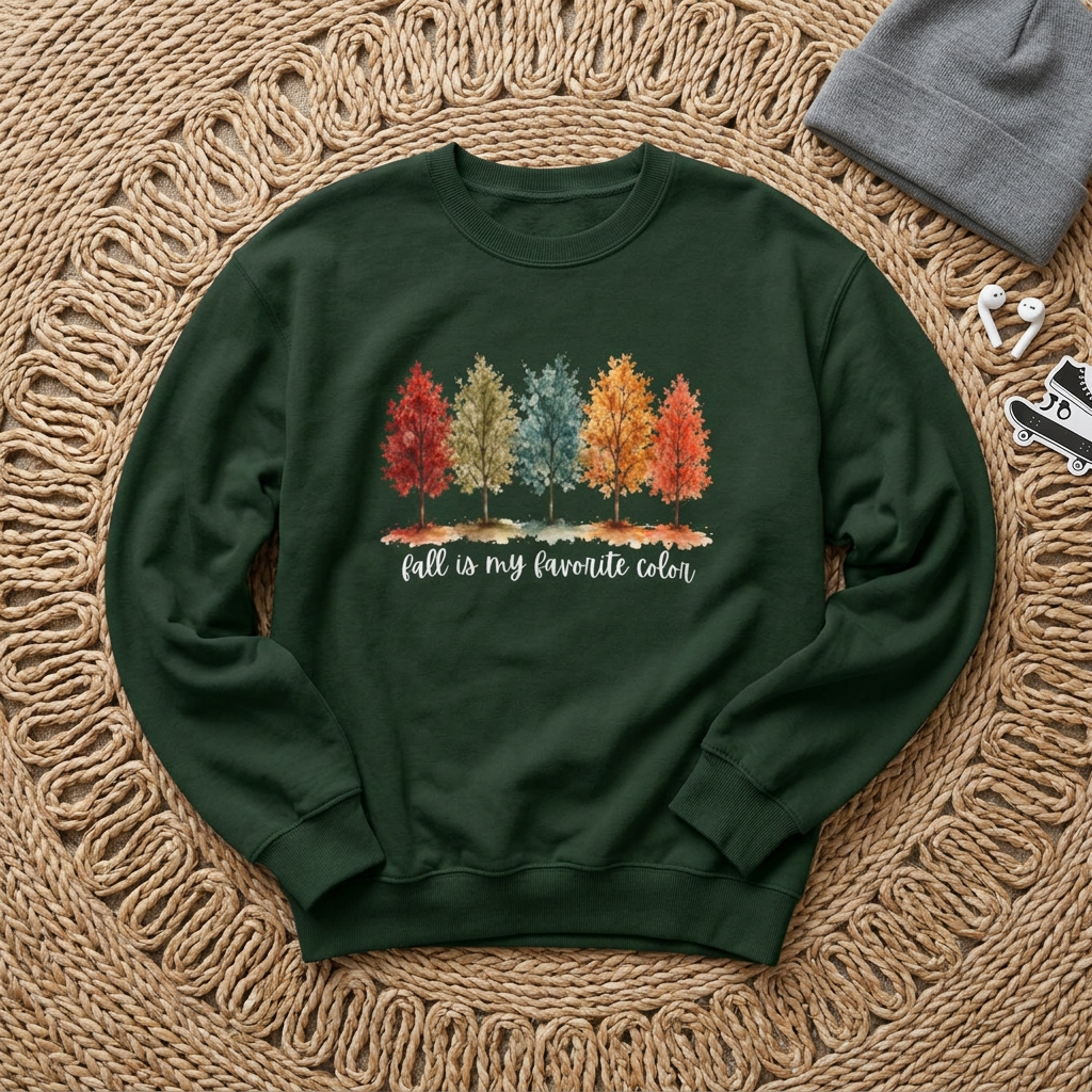 A dark green crewneck sweatshirt laid flat on a textured woven mat, featuring a graphic of five colorful autumn trees and the phrase 'fall is my favorite color' in white script. A folded gray beanie, white earbuds, and a small skateboard accessory are placed nearby as styling props.