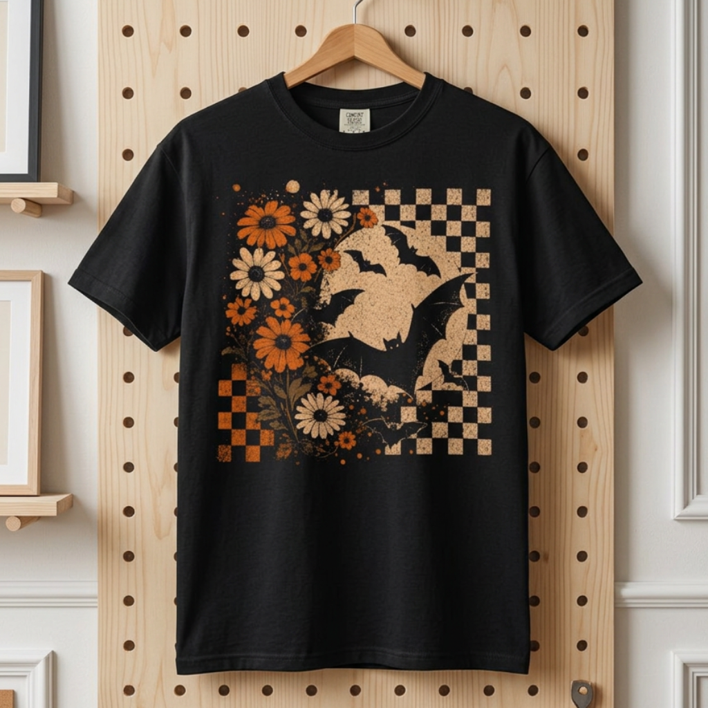 A black short-sleeve graphic T-shirt hanging on a wooden hanger against a light wood pegboard wall. The shirt features a large front print with a witch's hat, bats, orange and cream flowers, and a tan-and-black checkerboard pattern.