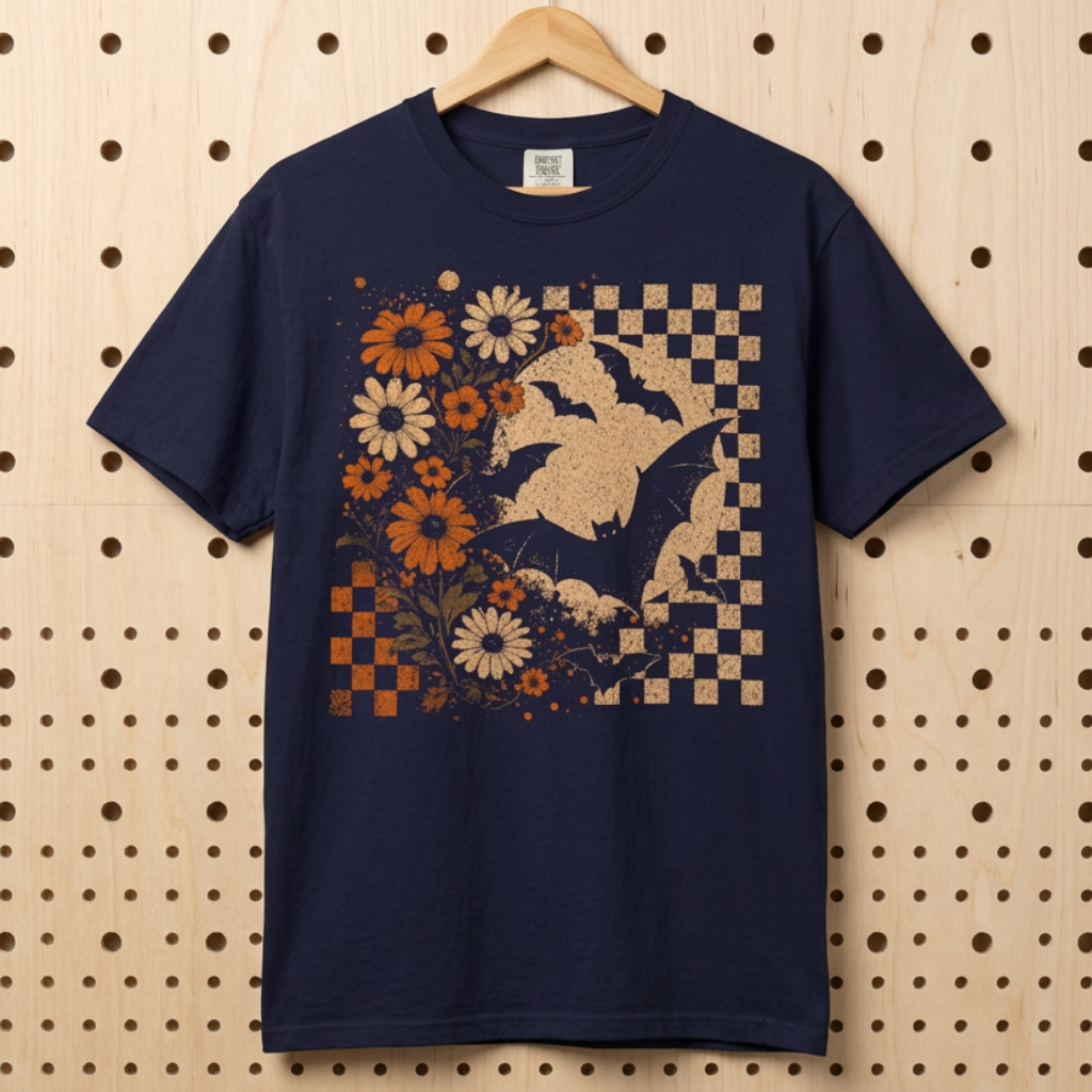 A navy blue short-sleeve t-shirt hanging on a wooden hanger against a light wood pegboard. The shirt features a large graphic print on the front with a beige bat silhouette, orange and white flowers, and a checkered border.