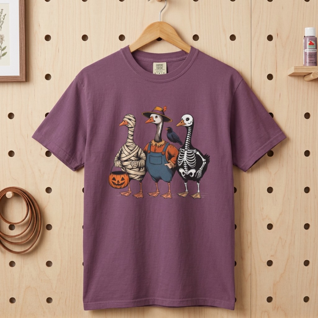 A purple short-sleeve t-shirt hanging on a wooden hanger against a light wood pegboard wall. The shirt features a graphic of three geese dressed in Halloween costumes: a mummy, a cowboy, and a skeleton.