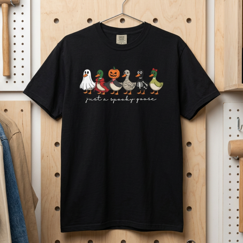 A black short-sleeve graphic t-shirt hanging on a wooden pegboard in a workshop setting. The graphic shows a row of cartoon spooktacular ducks in Halloween costumes with the text 'just a spooky goose' underneath.