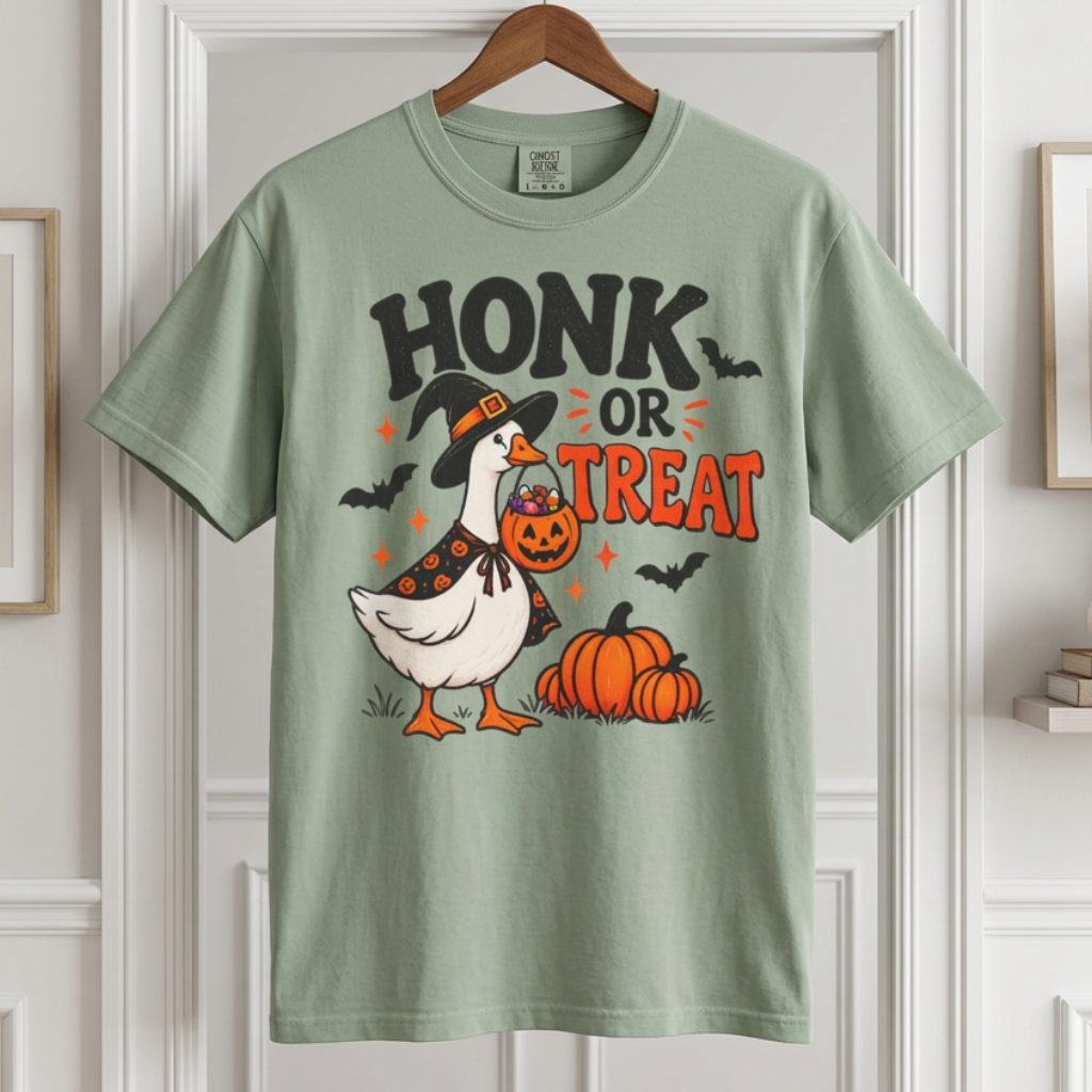 A Bay shrt Honk or Treat Halloween goose wearing a witch hat and pumpkin cape, holding a jack-o-lantern candy bucket with pumpkins and bats