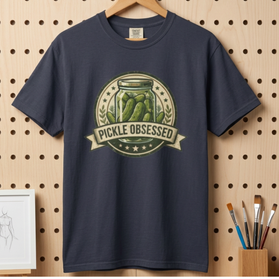 A navy blue short-sleeve t-shirt hanging on a wooden hanger against a light wood pegboard wall. The shirt features a circular graphic print with a jar of pickled green onions and the words 'PICKLE OBSESSED' in a banner.