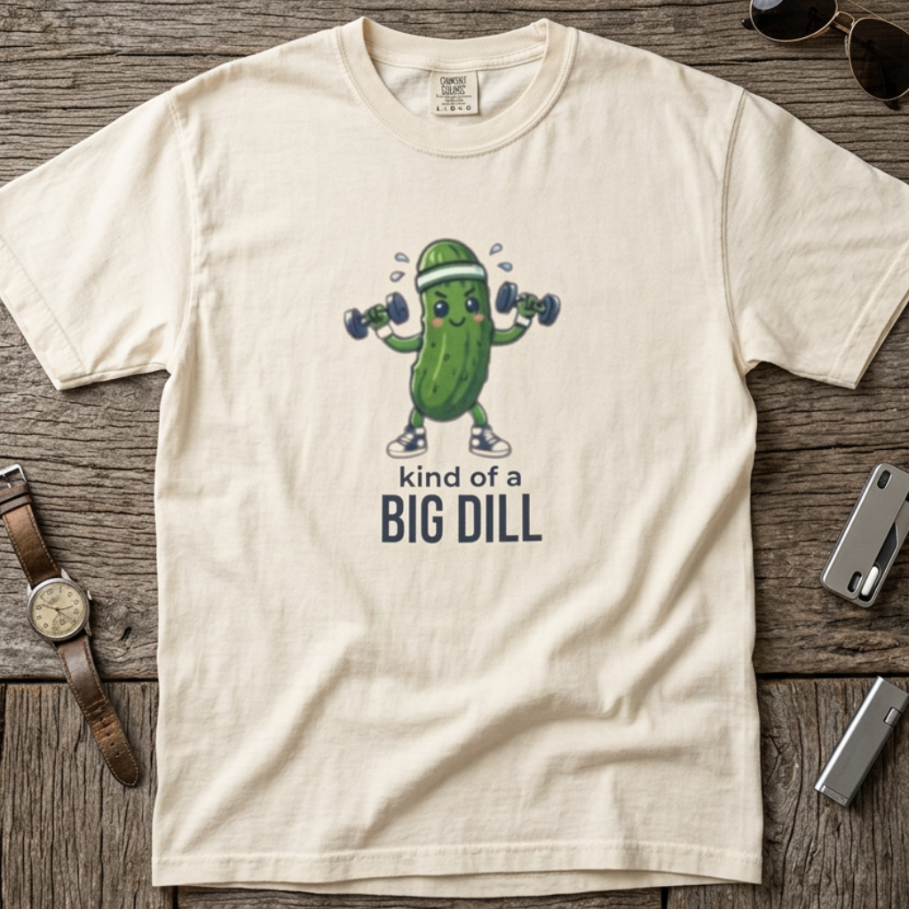 An ivory graphic t-shirt. The t-shirt features a cartoon pickle character lifting dumbbells with the text 'kind of a BIG DILL' printed below.