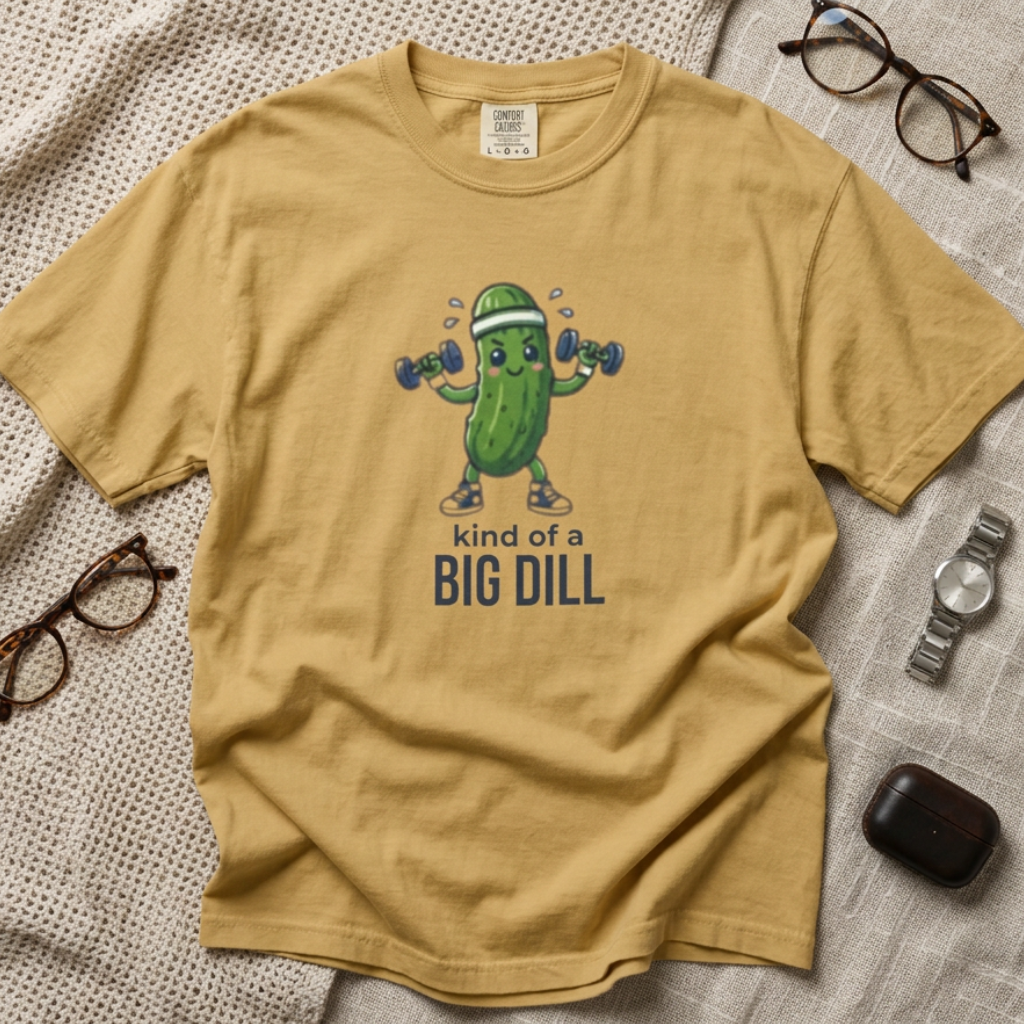 A mustard graphic t-shirt. The t-shirt features a cartoon pickle character lifting dumbbells with the text 'kind of a BIG DILL' printed below.