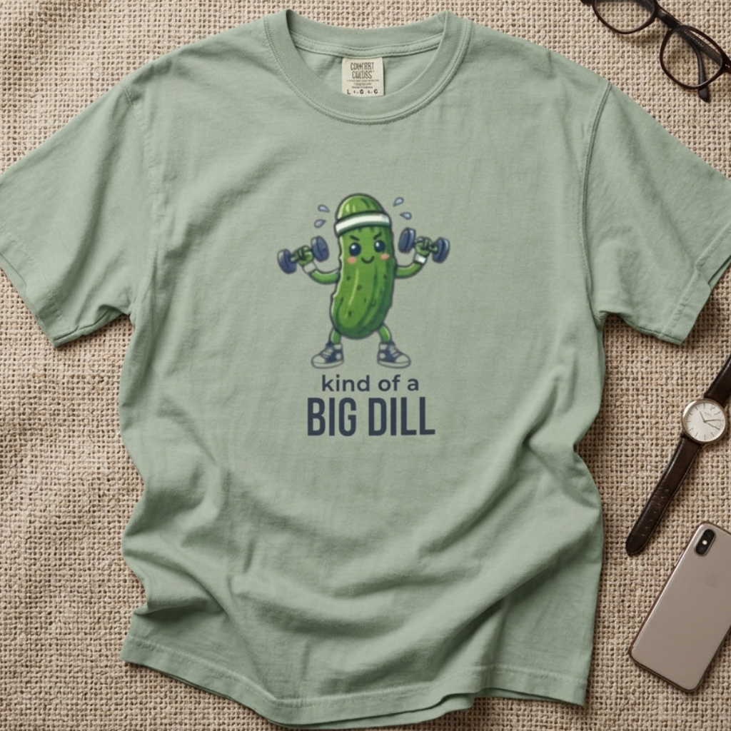 A sage green graphic t-shirt. The t-shirt features a cartoon pickle character lifting dumbbells with the text 'kind of a BIG DILL' printed below.