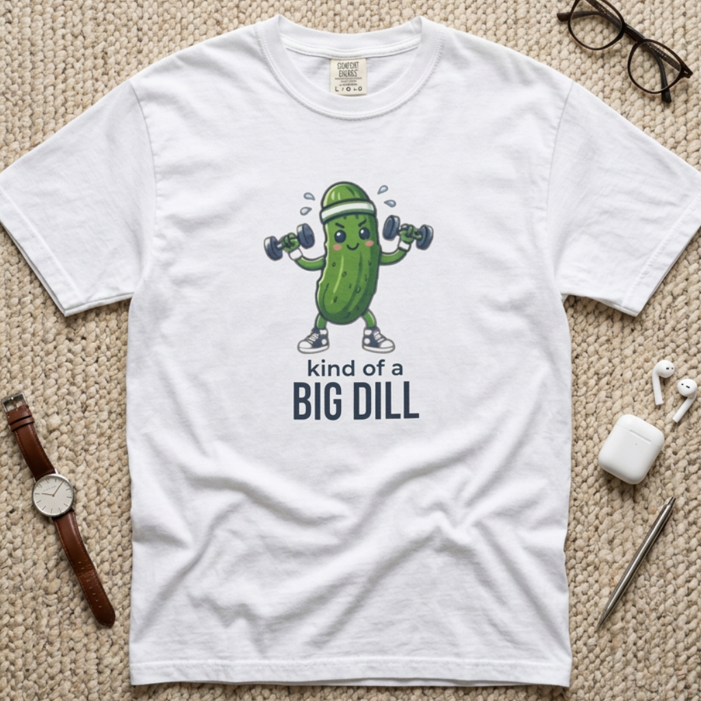 A white graphic t-shirt. The t-shirt features a cartoon pickle character lifting dumbbells with the text 'kind of a BIG DILL' printed below.