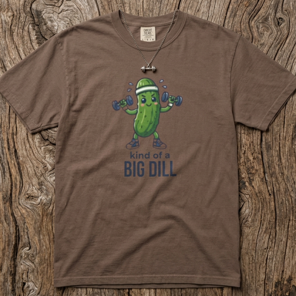 A brown graphic t-shirt. The t-shirt features a cartoon pickle character lifting dumbbells with the text 'kind of a BIG DILL' printed below.