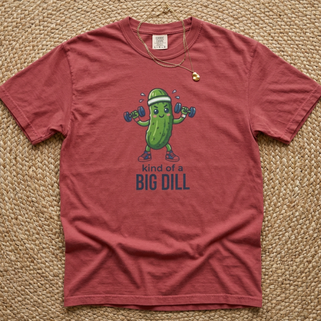 A crimson graphic t-shirt. The t-shirt features a cartoon pickle character lifting dumbbells with the text 'kind of a BIG DILL' printed below.
