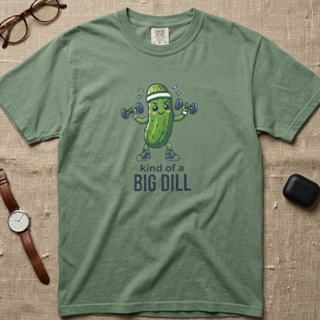 A light green graphic t-shirt. The t-shirt features a cartoon pickle character lifting dumbbells with the text 'kind of a BIG DILL' printed below.