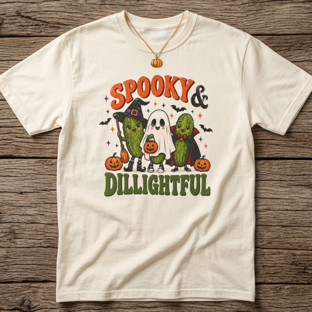 An ivory short-sleeve t-shirt with a Halloween graphic print reading 'Spooky & Dillightful' featuring cartoon pickles, a ghost, pumpkins, and bats, laid flat on a rustic wooden background.