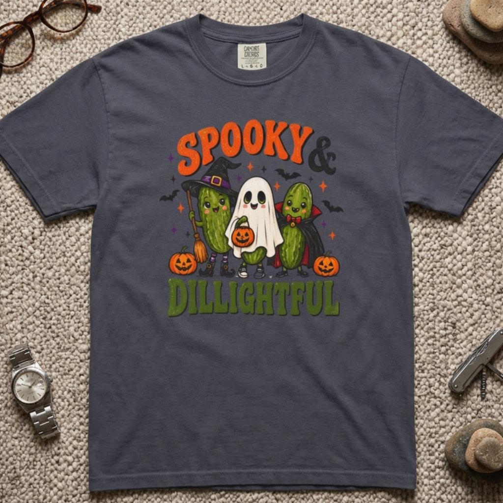 A dark slate blue graphic t-shirt laid flat on a textured beige carpet, surrounded by lifestyle props including a pair of eyeglasses, a watch, a small hat, and a pocket knife. The t-shirt features a Halloween graphic with the text 'SPOOKY & DILIGHTFUL' in orange and green, depicting two cacti dressed as ghosts with pumpkins.