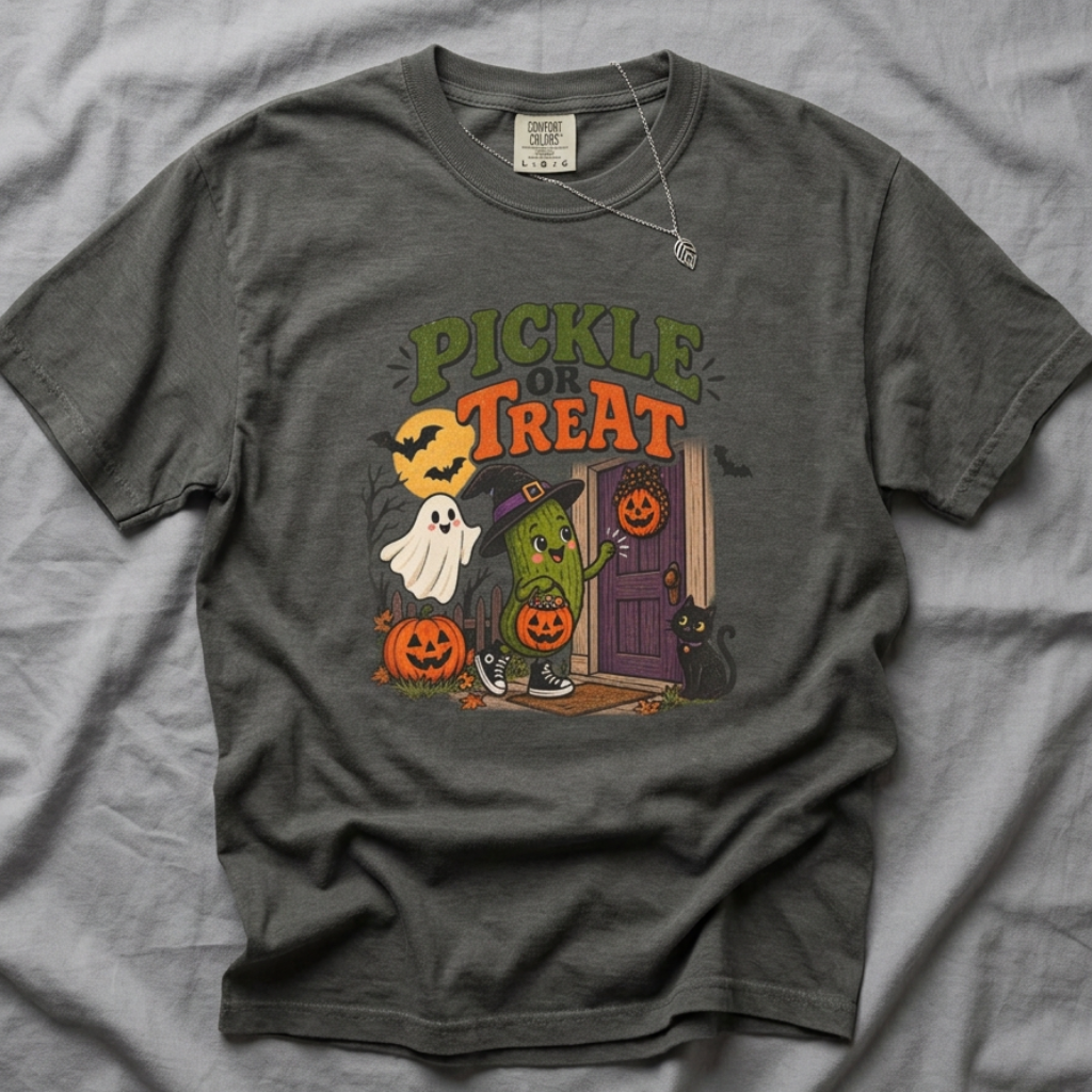 A dark gray graphic t-shirt laid flat on a wrinkled gray fabric background. The shirt features a colorful Halloween-themed graphic with the text 'PICKLE OR TREAT' in green and orange, depicting a green pickle character, a white ghost, a black cat, and jack-o'-lanterns.