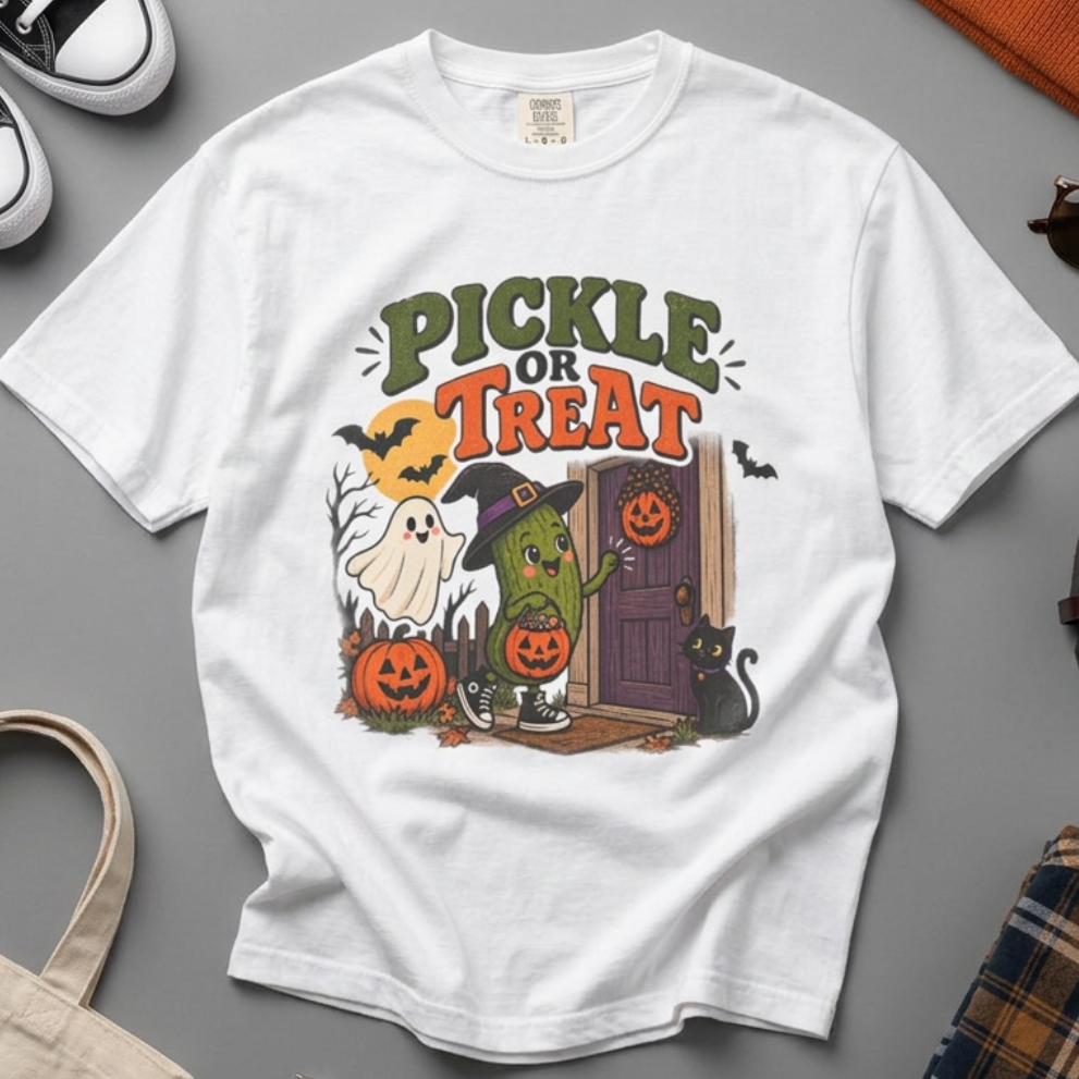 A white short-sleeve t-shirt with a colorful Halloween graphic reading 'PICKLE OR TREAT' and featuring a green pickle character, a ghost, pumpkins, and a door, laid flat on a beige fabric background.