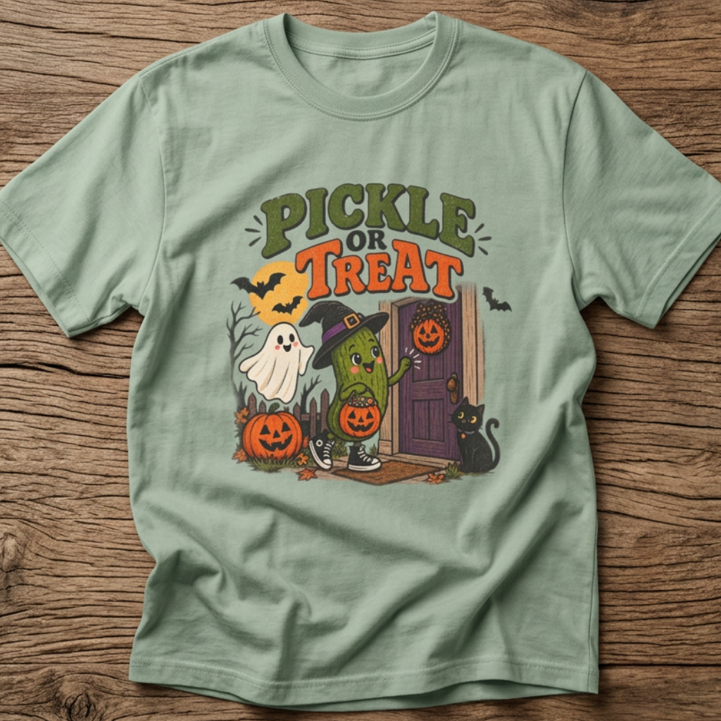 A sage green short-sleeve t-shirt with a colorful Halloween graphic reading 'PICKLE OR TREAT', laid flat on a rustic brown wood background.