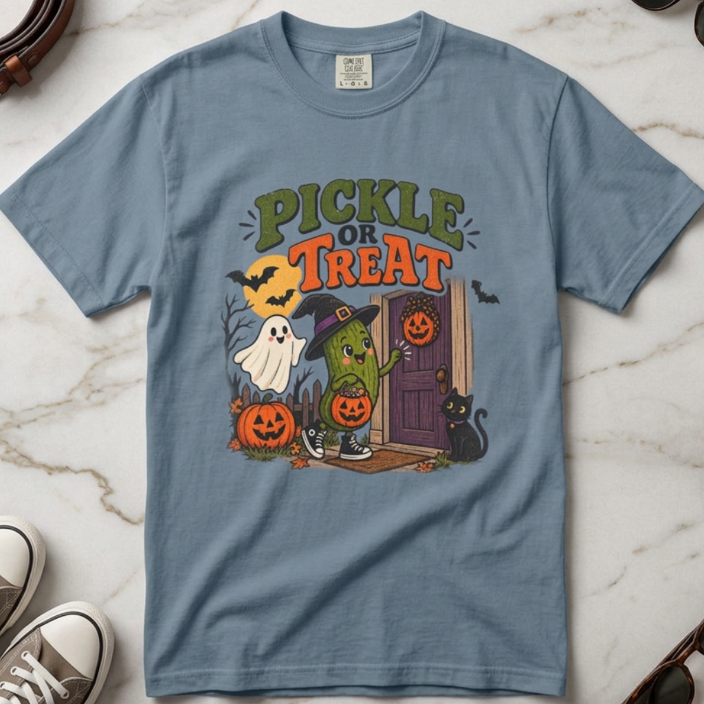 A light blue short-sleeve t-shirt with a colorful Halloween graphic reading 'PICKLE OR TREAT' and featuring a green pickle character, a ghost, pumpkins, and a door, laid flat on a beige fabric background.