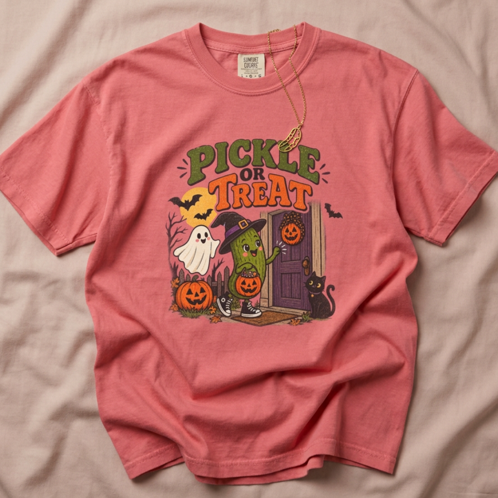 A coral pink short-sleeve t-shirt with a colorful Halloween graphic reading 'PICKLE OR TREAT' and featuring a green pickle character, a ghost, pumpkins, and a door, laid flat on a beige fabric background.